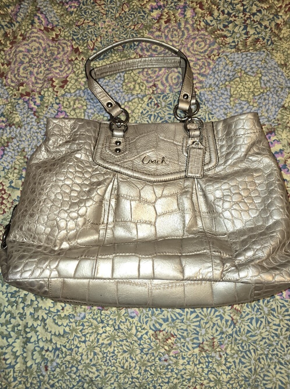 Coach Metallic Croc-Embossed Leather Tote - Silver